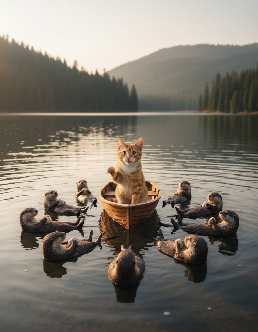 A ginger cat in a rowboat counts eight otters floating around her on a lake.