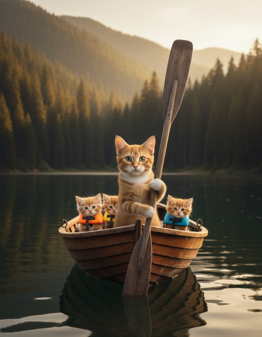 A ginger tabby cat paddles a rowboat on a lake with three kittens sitting behind him.