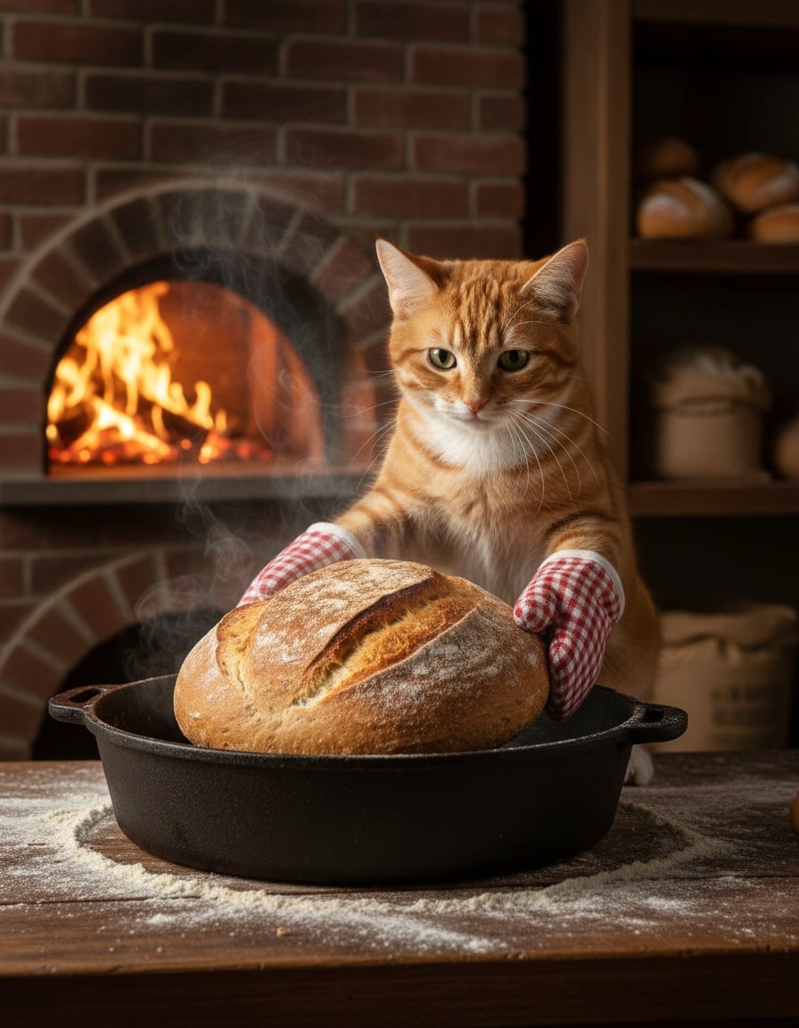 A ginger tabby cat in oven mitts lifts a big loaf of bread out of a huge baking pan in a bakery.
