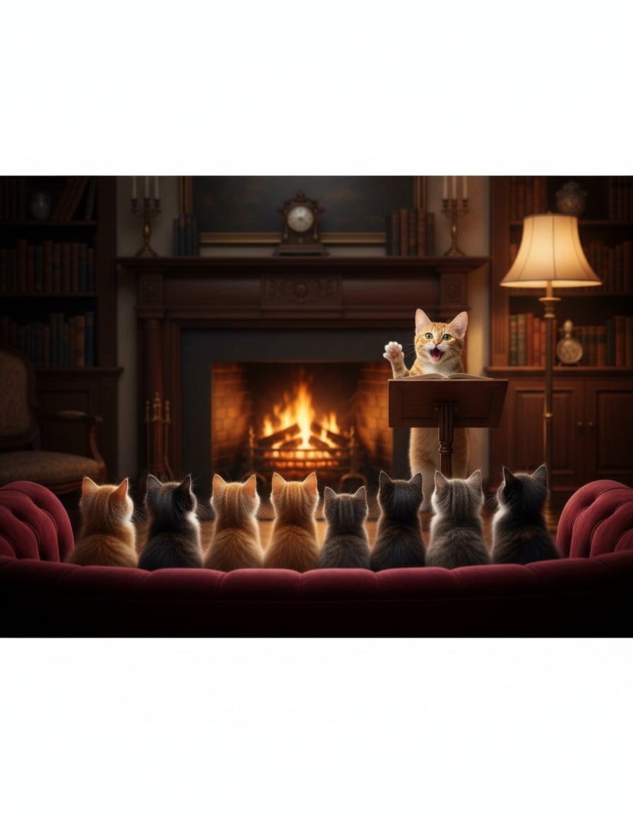A ginger cat gives a speech at a small podium to kittens in an old-fashioned parlour.