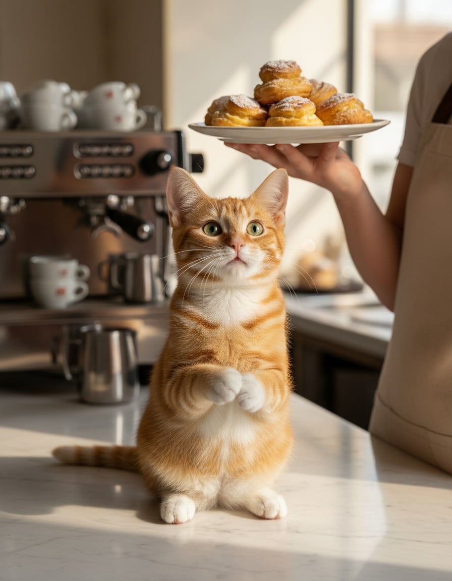 A ginger tabby cat sits on a café counter with paws together, begging politely for a cream puff.