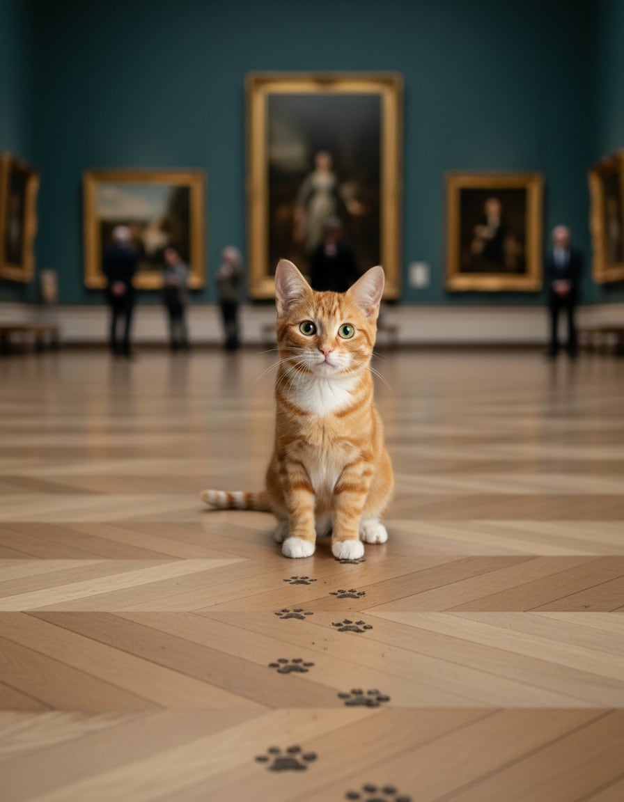 Pixa sits puzzled at the end of a trail of paw prints on a shiny museum parquet floor.