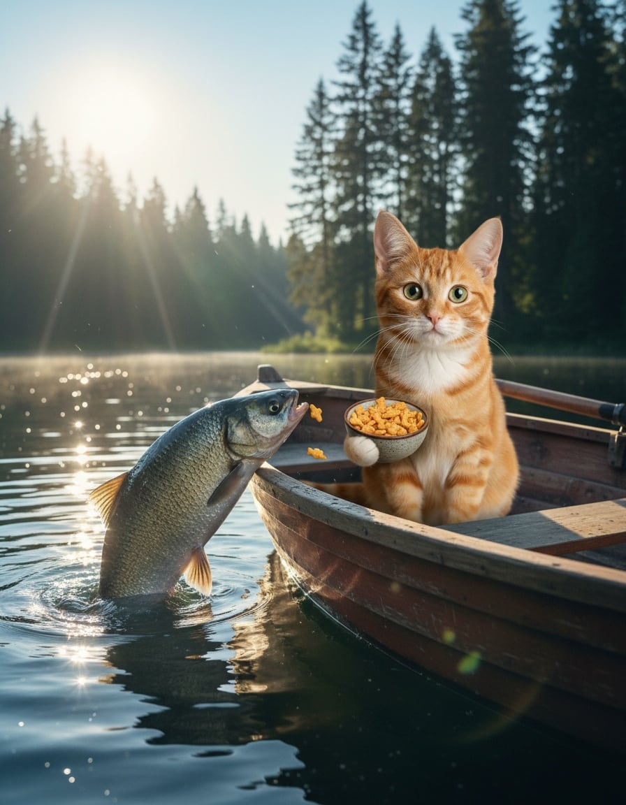 A ginger tabby cat in a rowing boat is startled by a big fish nudging the boat.