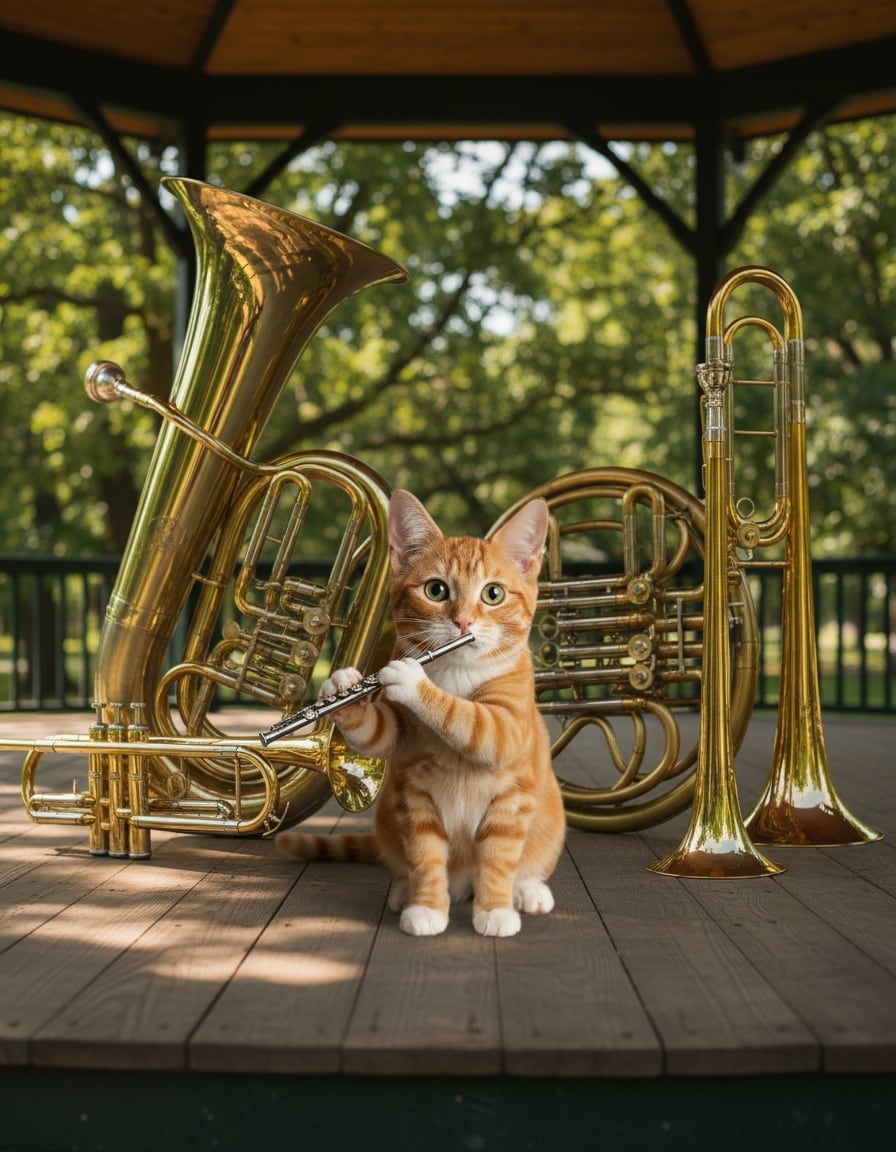 A ginger tabby cat plays a tiny flute on a park bandstand next to a huge tuba.