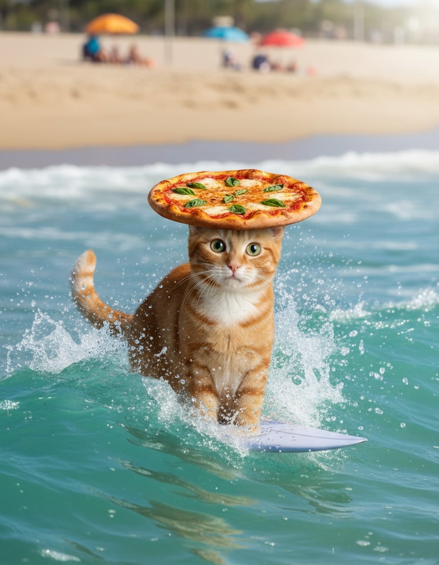 A ginger cat surfs a wave while balancing a big pizza on her head.