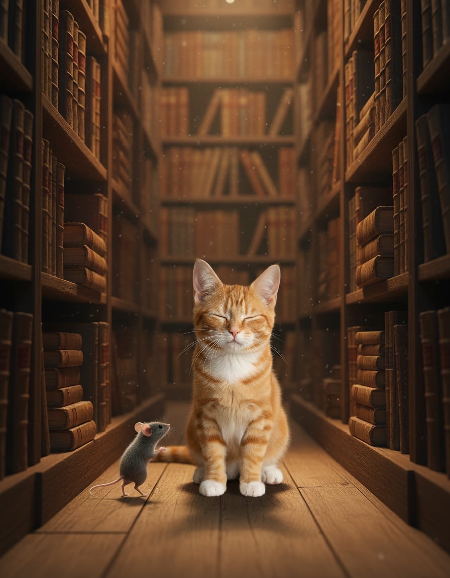 A ginger tabby cat in a library nods kindly as a small mouse she released bows to her.