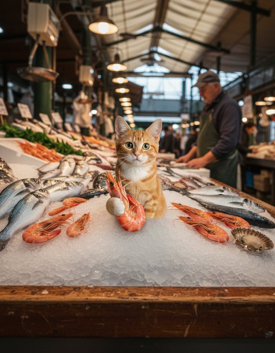 A ginger cat takes a giant prawn from a pile on ice at a fish market.