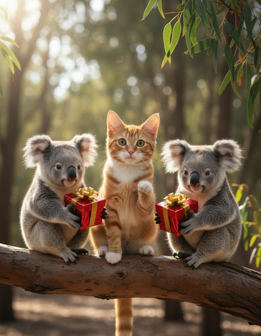 A puzzled ginger cat sits between two identical koalas offering gifts, unsure which to choose.