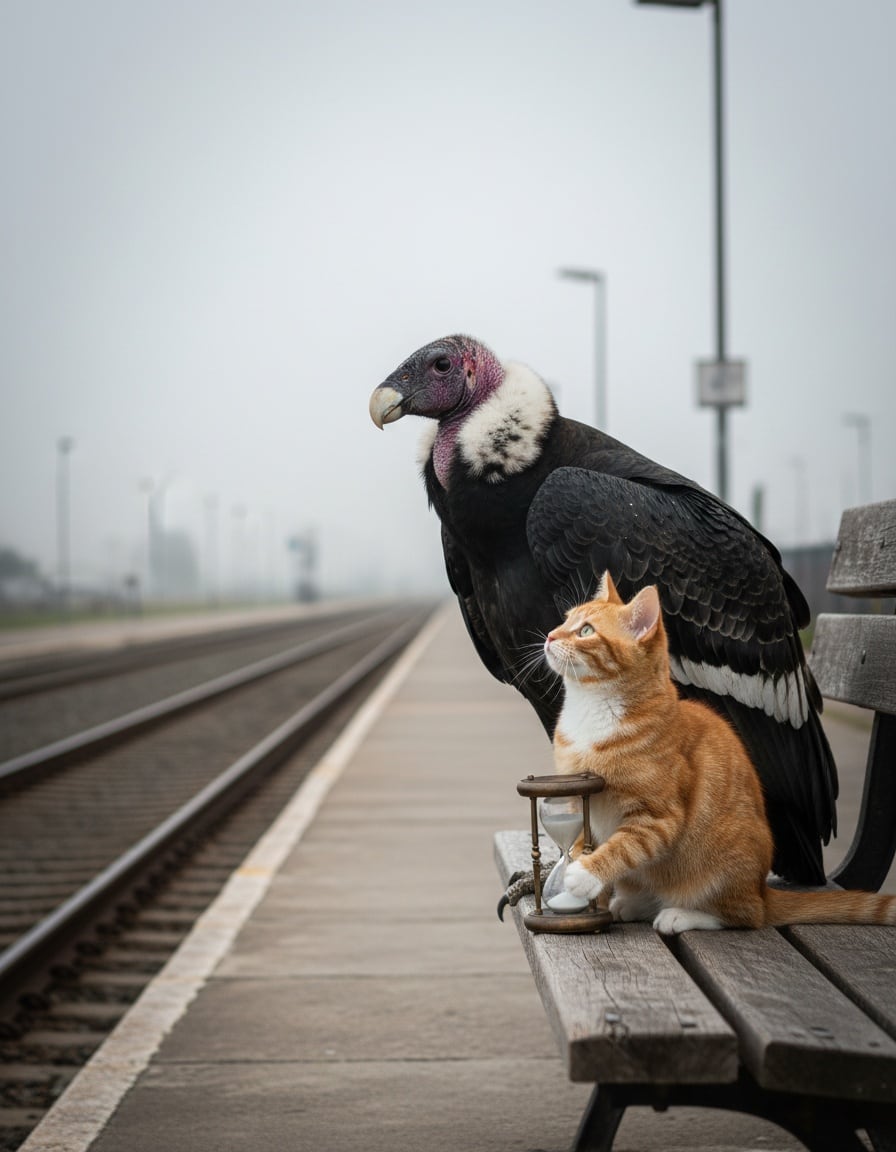 A ginger tabby cat with an hourglass sits beside a condor on a train platform, waiting.