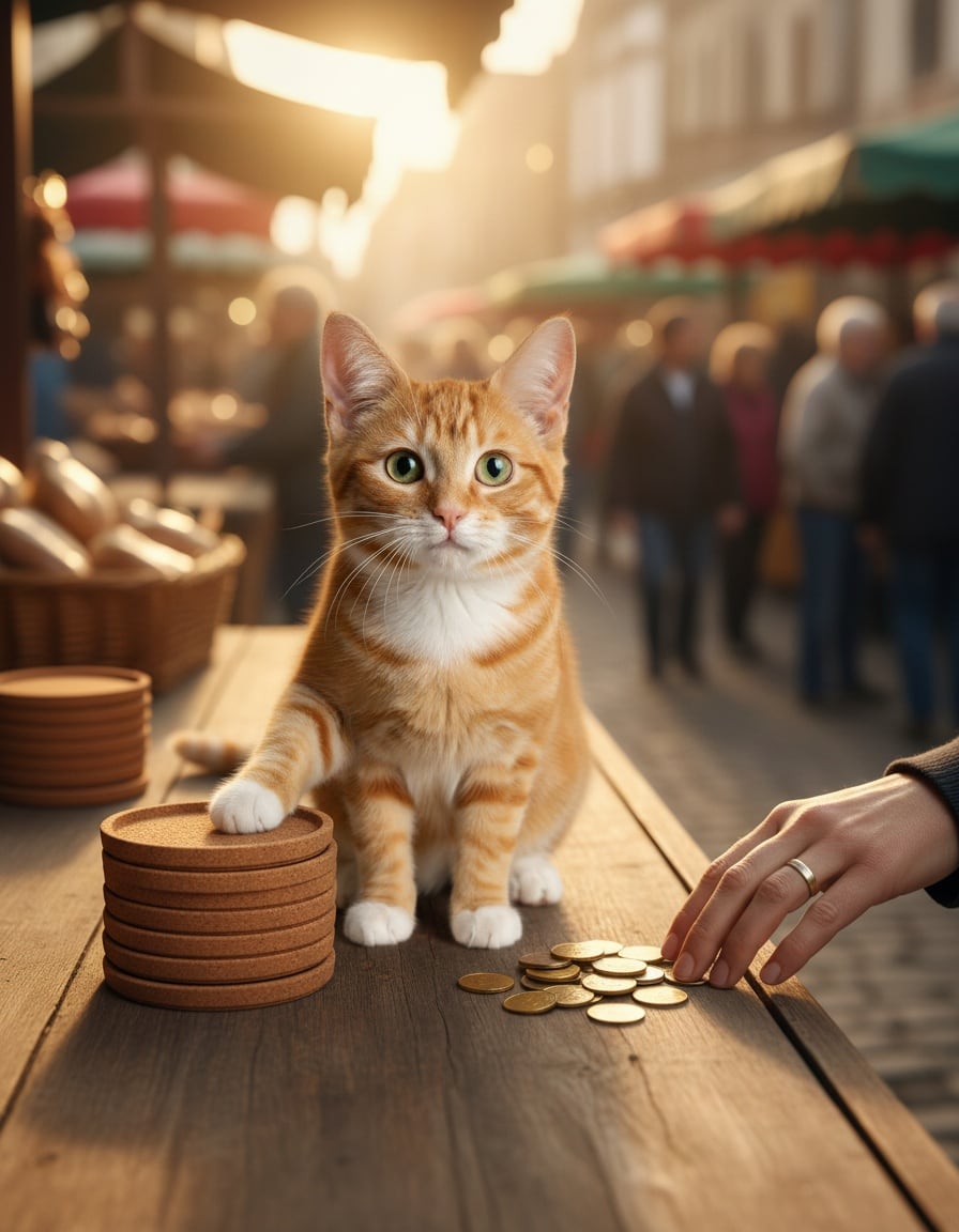 A ginger cat at a market stall points at drink coasters and offers coins.