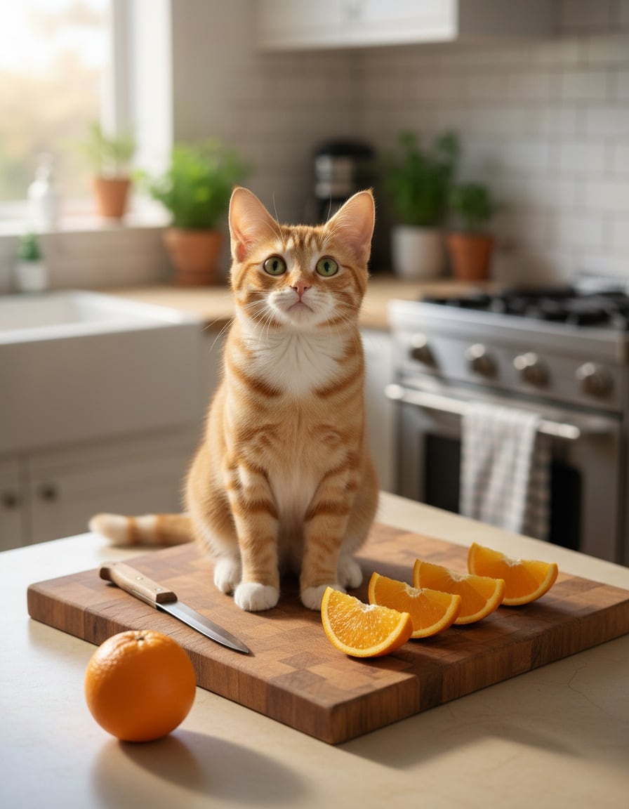 A ginger tabby cat sits beside four orange quarters lined up on a chopping board.