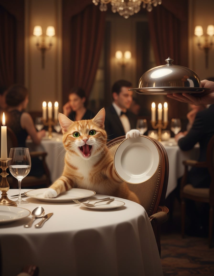 A ginger cat at a fancy restaurant table holds up an empty plate and complains loudly.