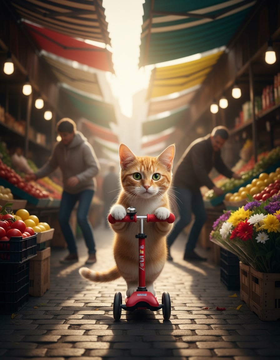 A ginger tabby cat rides a small red scooter through a busy outdoor market, ringing a bell.