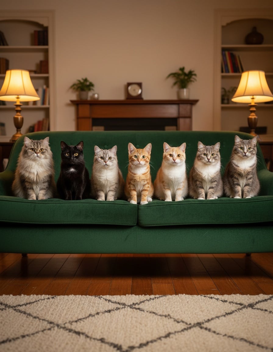 Seven cats, with Pixa in the middle, sit in a row on a green velvet settee.