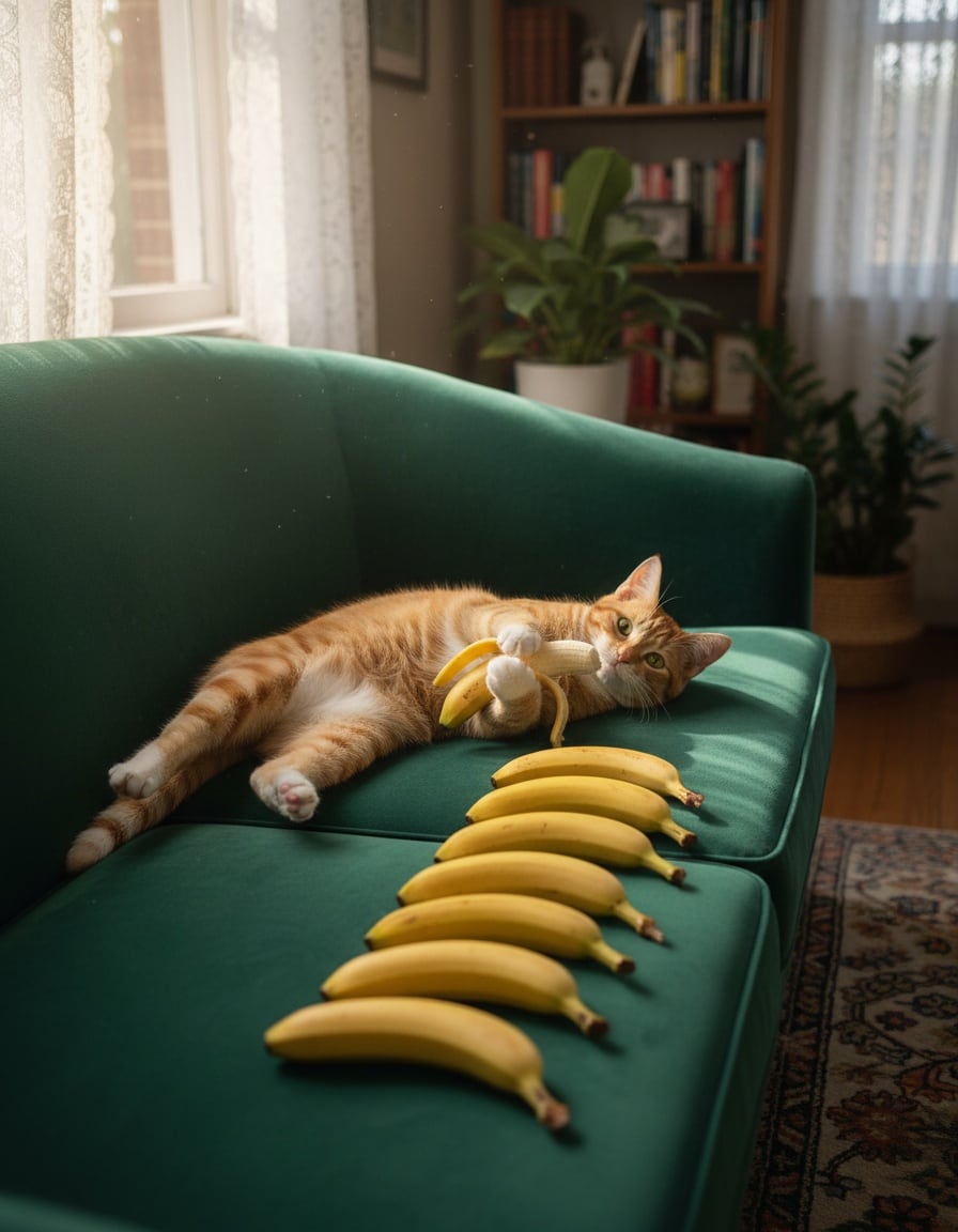 A ginger cat lounges on a green settee beside a row of seven bananas.
