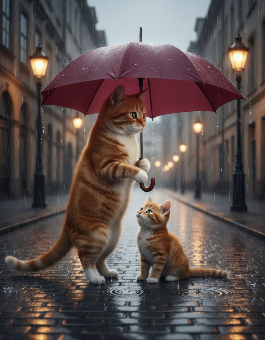 Pixa holds a red umbrella over a little tabby kitten on a rainy cobblestone street.