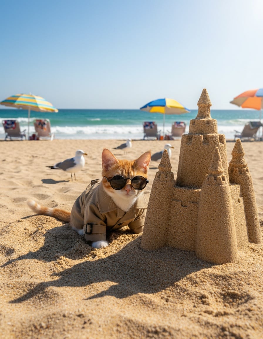 A ginger tabby cat dressed as a spy in sunglasses peeks from behind a sandcastle on a sunny beach.