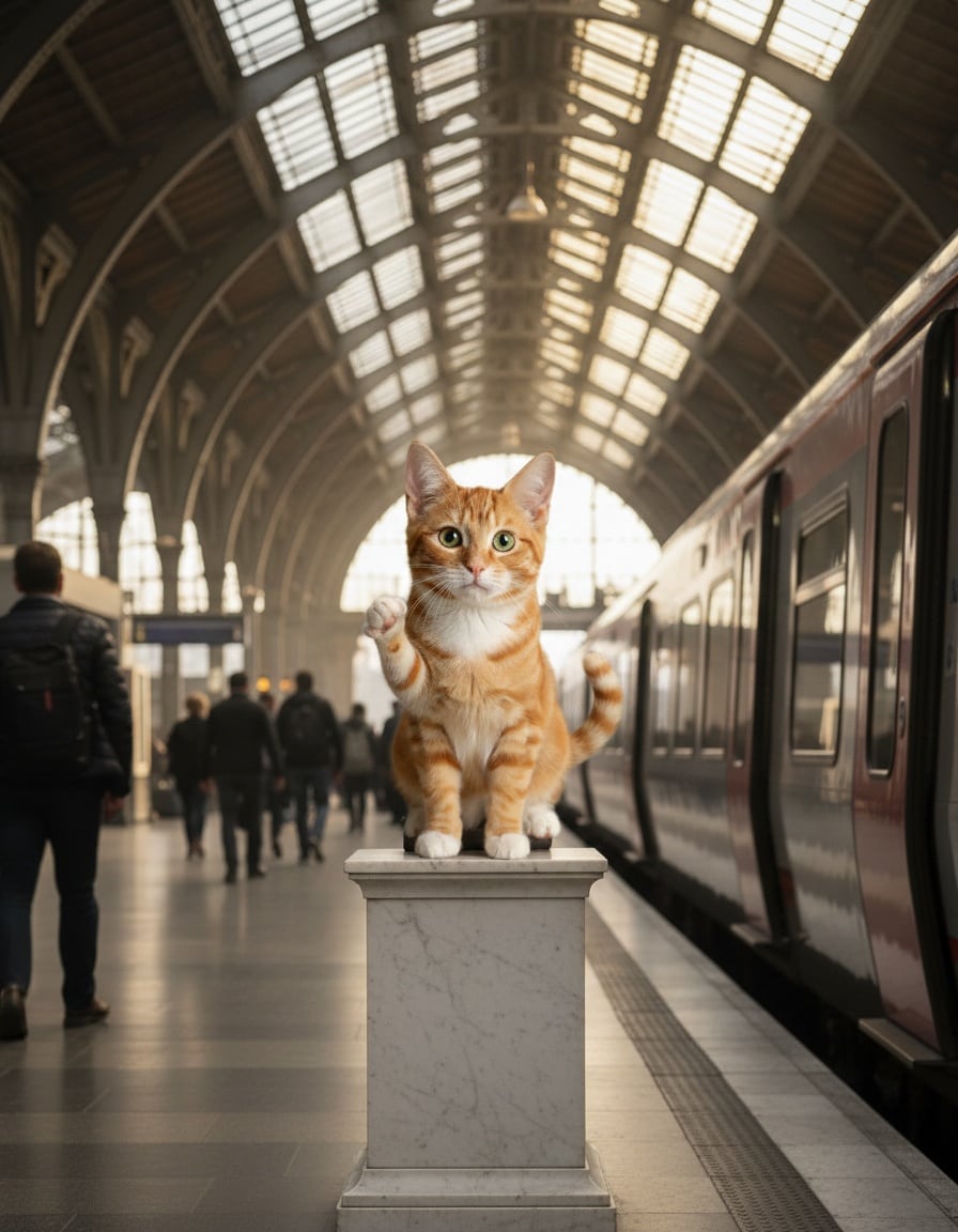 A ginger tabby cat poses like a statue on a pedestal on a busy train station platform.