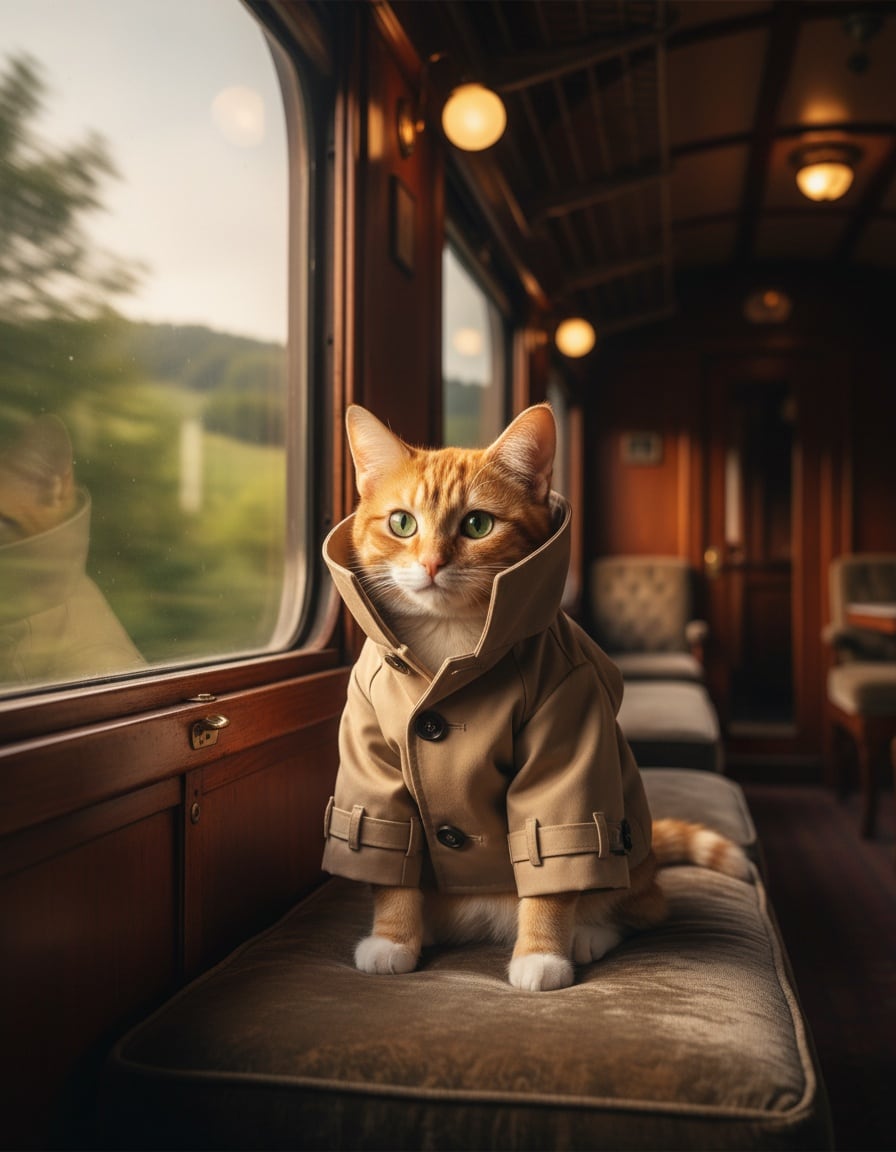 A ginger cat in a beige trench coat sits by the window of a moving train.