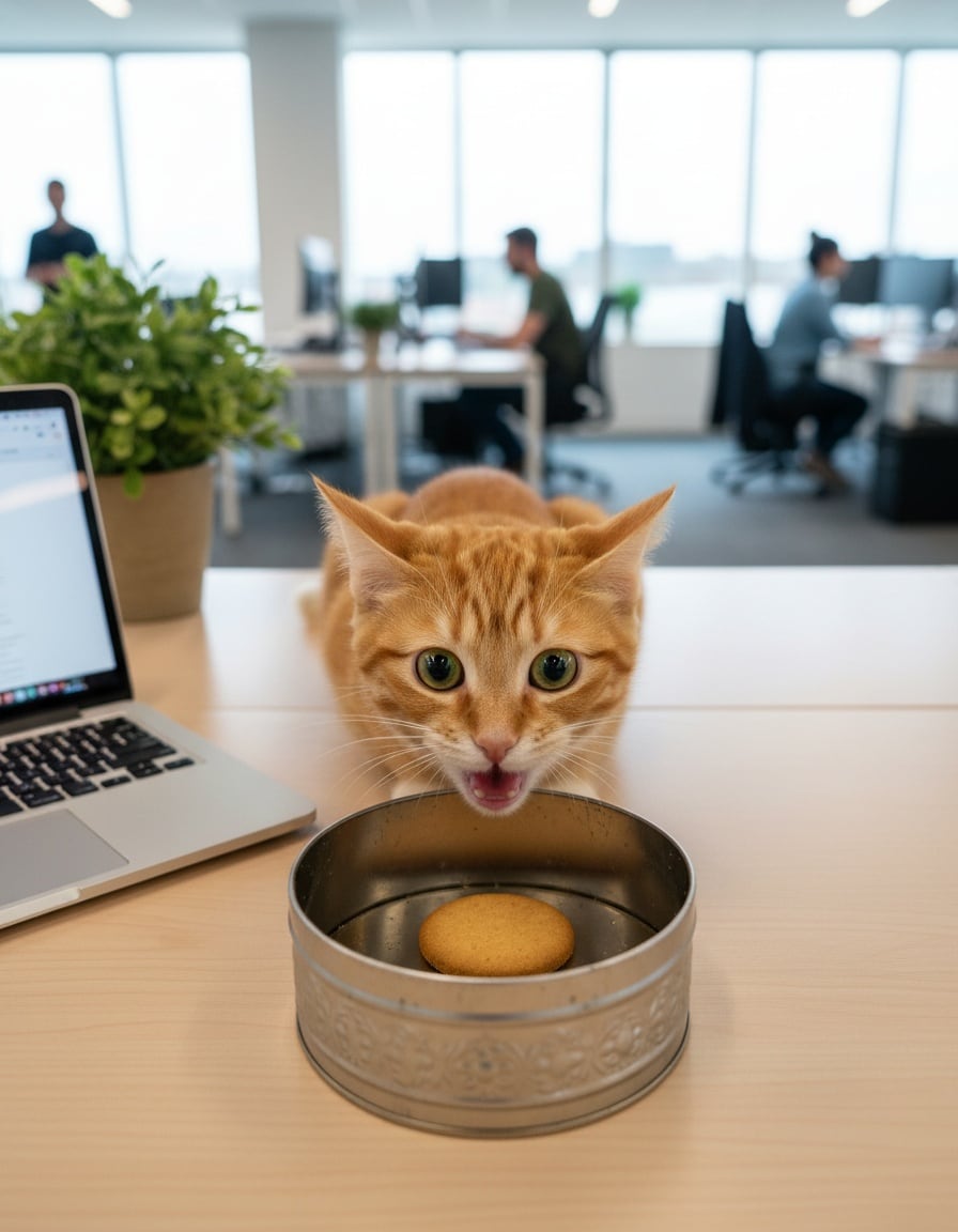 A shocked ginger cat looks into an office biscuit tin with just one biscuit inside.