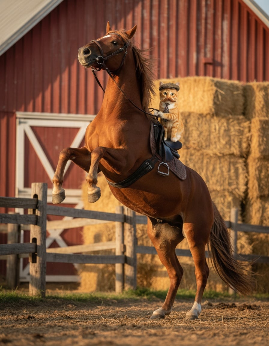 A ginger tabby cat dressed as a farmer man with cap, tie and mustache pulls the reins of a rearing horse.