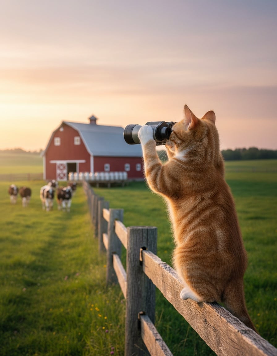 A ginger tabby cat on a farm fence looks through binoculars at dairy cows near a barn.
