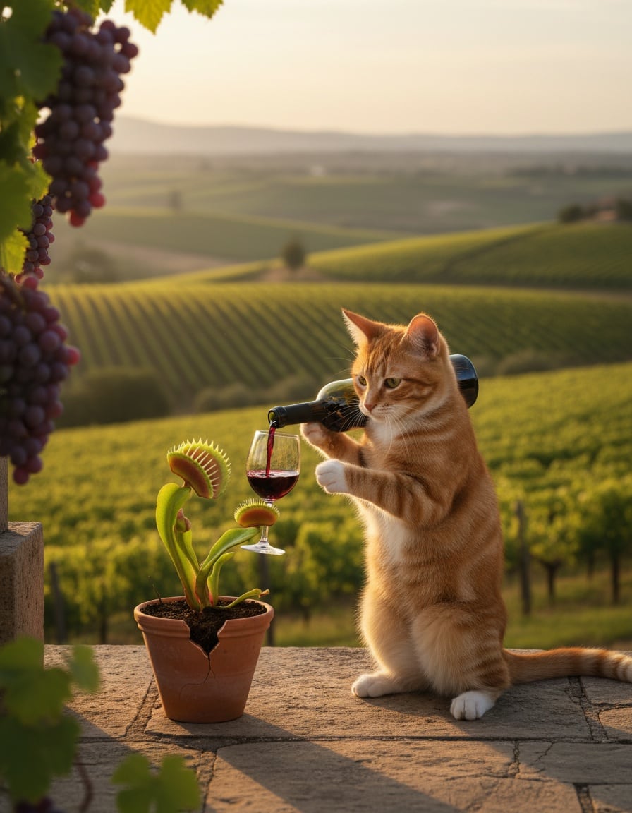 A ginger cat pours red wine for a giant Venus flytrap on a vineyard terrace at sunset.
