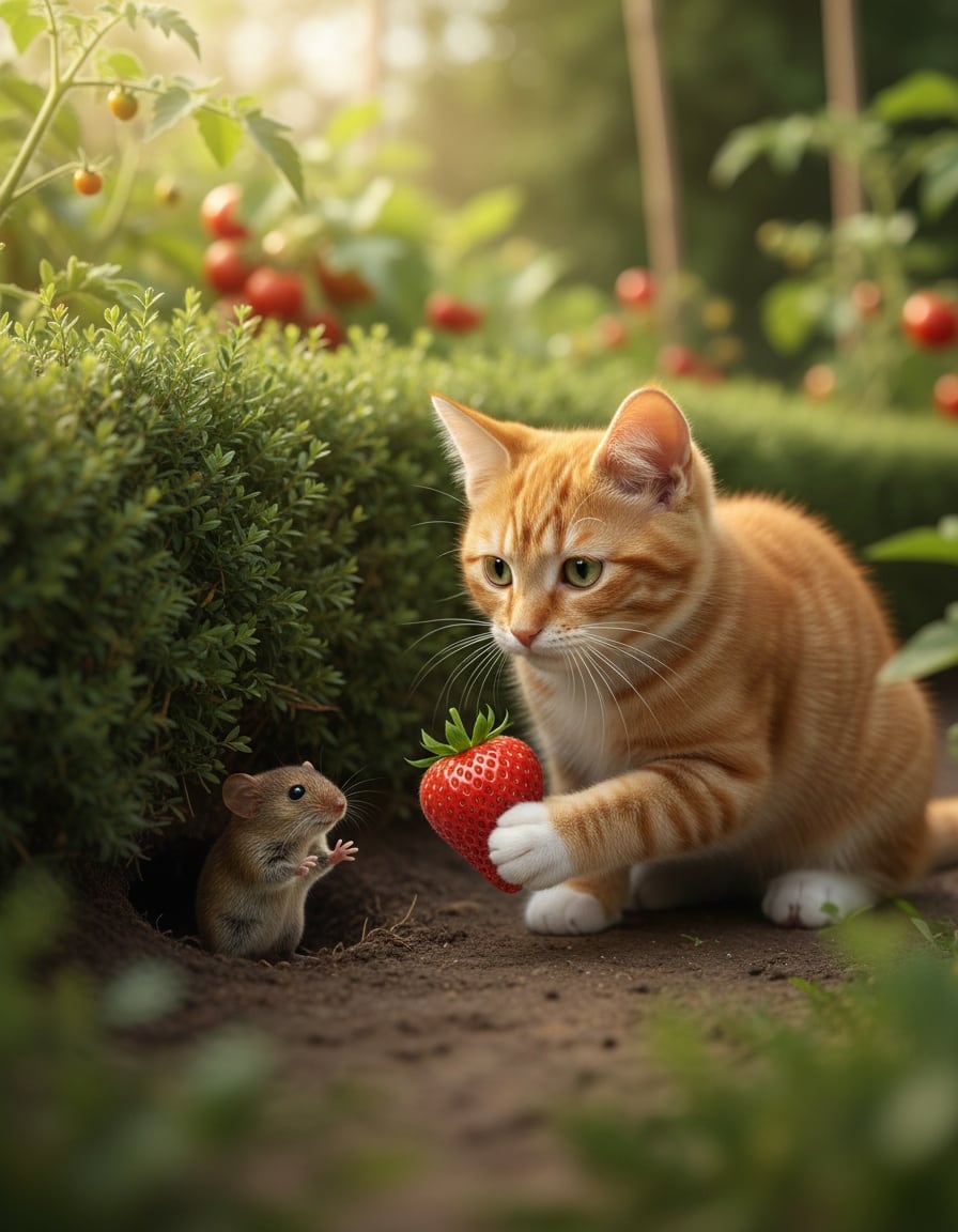 A ginger cat offers a strawberry to a small vole reaching eagerly out of its burrow in a garden.