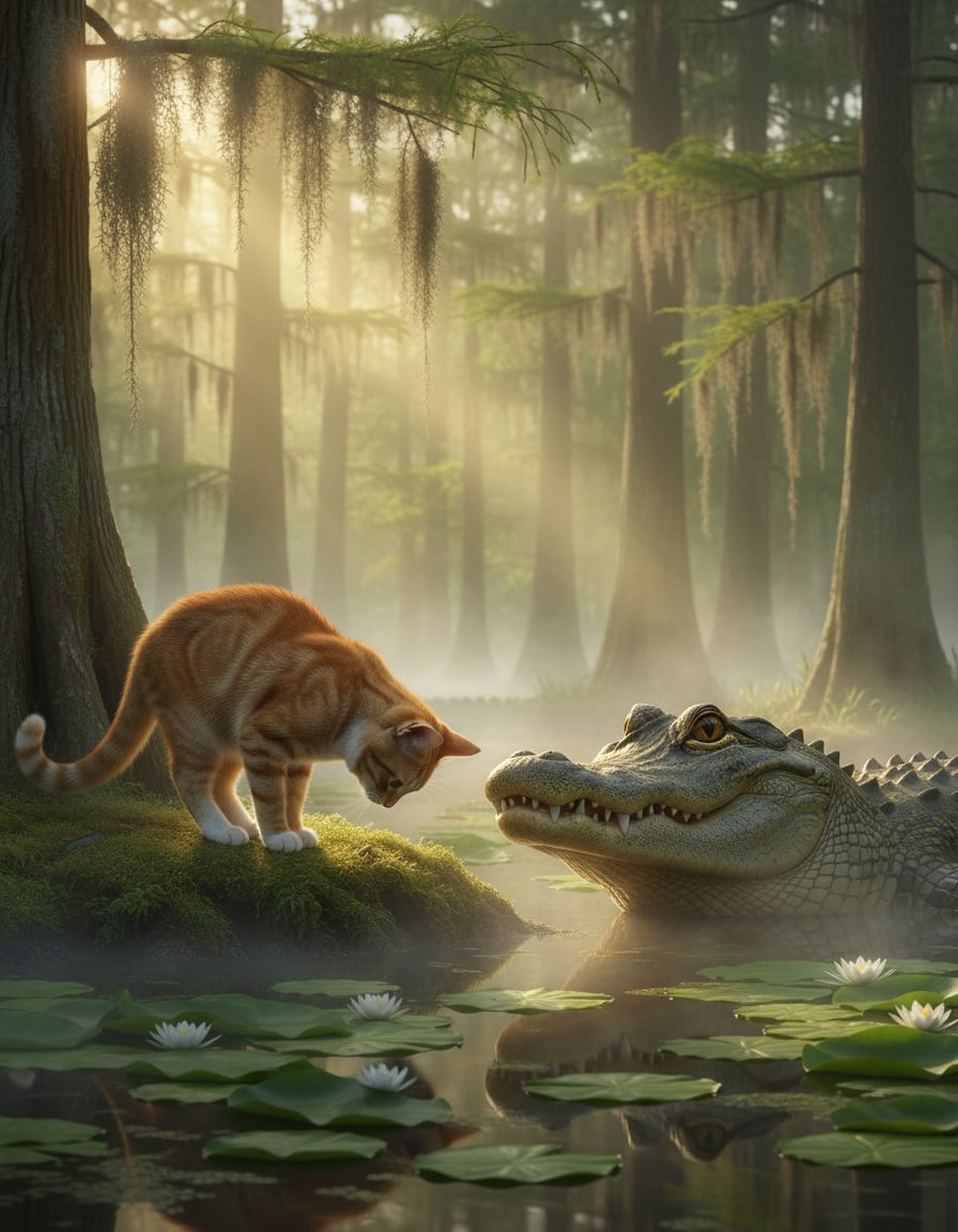 A ginger cat bows politely to an alligator at the edge of a swamp.