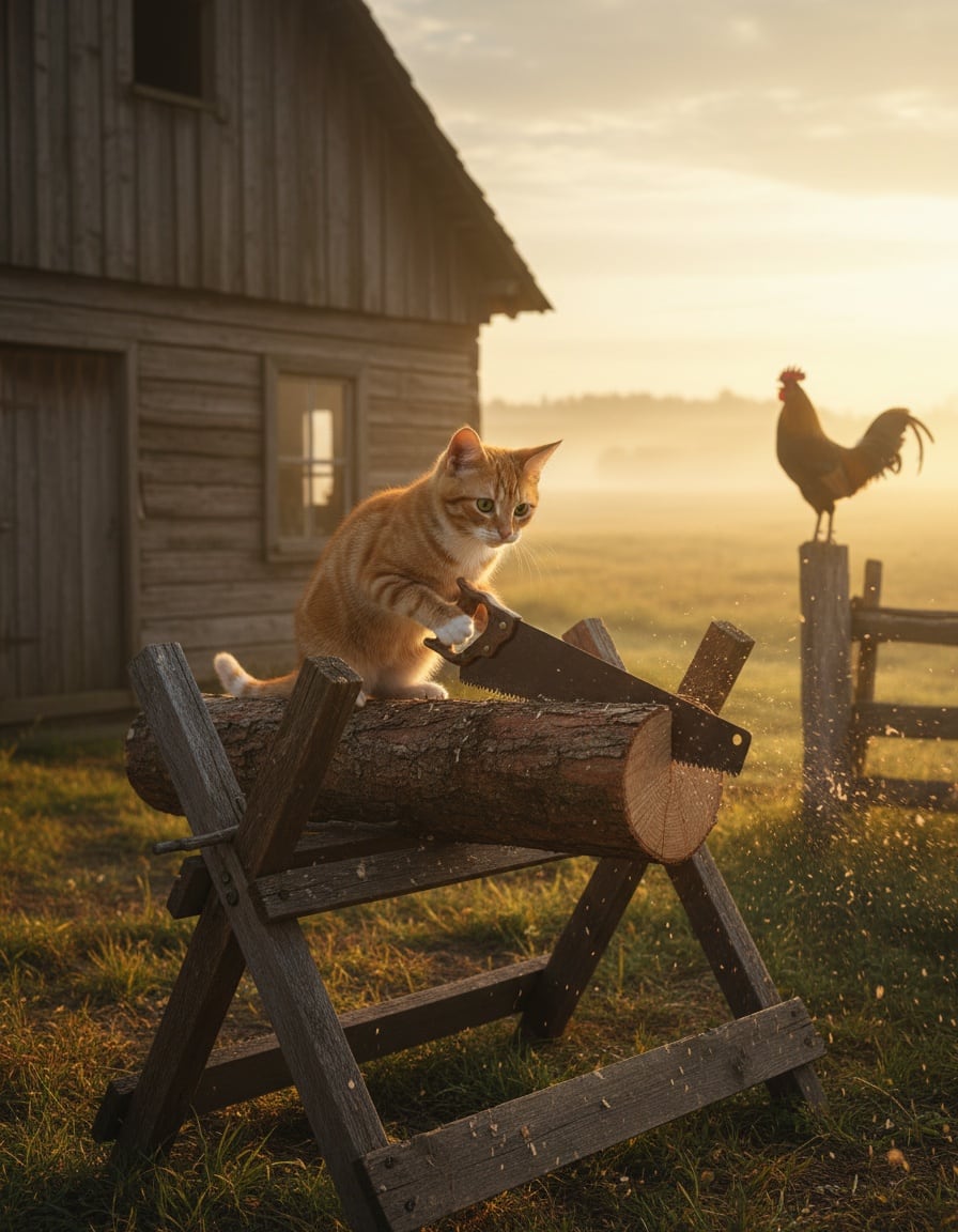 A ginger tabby cat saws a log beside a farm cabin as the sun rises and a rooster crows.