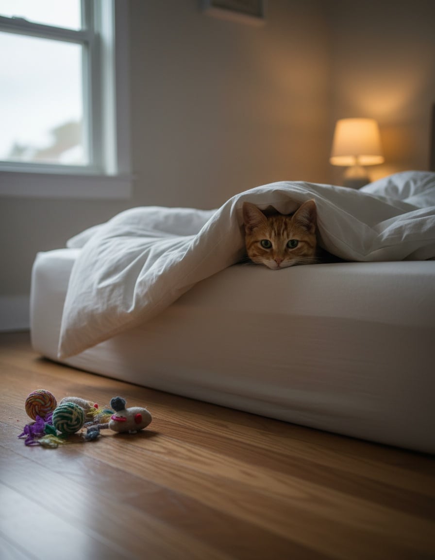 A sleepy ginger tabby cat peeks out from under a white bed sheet, ignoring a pile of toys.