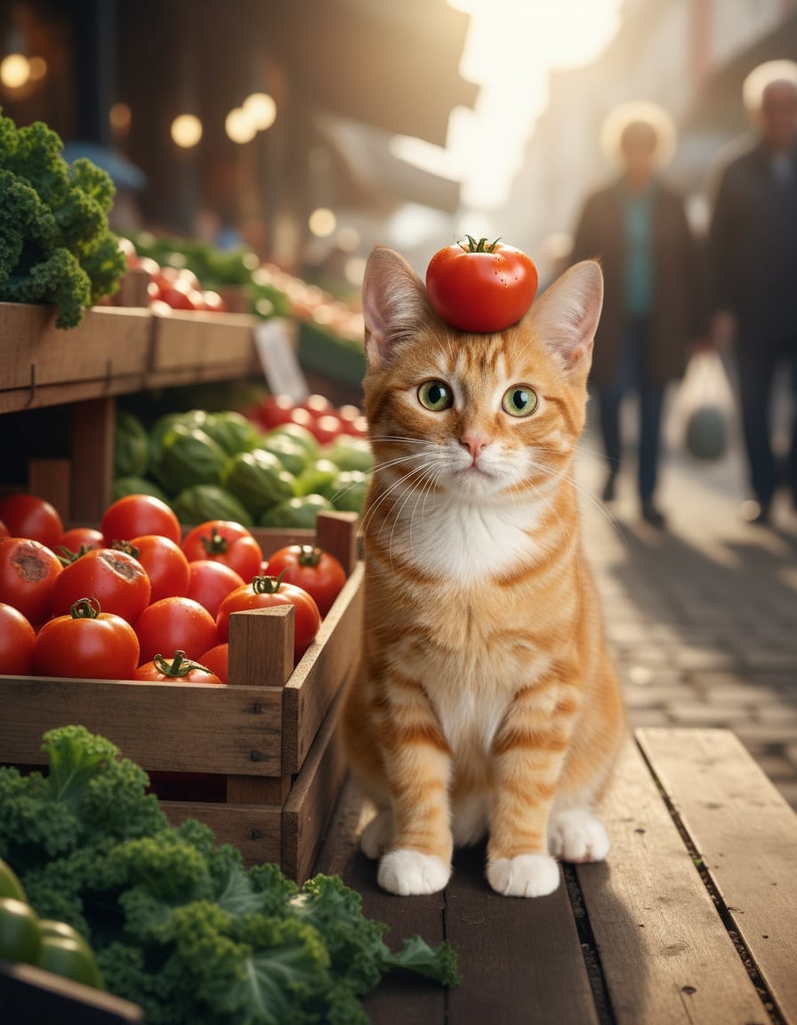 A ginger cat balances a red tomato on its head at a vegetable market stall.