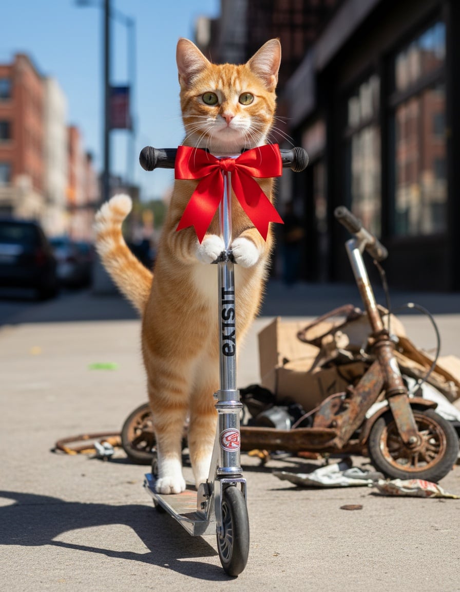 A ginger cat rides a shiny new scooter past a rusty broken one lying on a junk pile.
