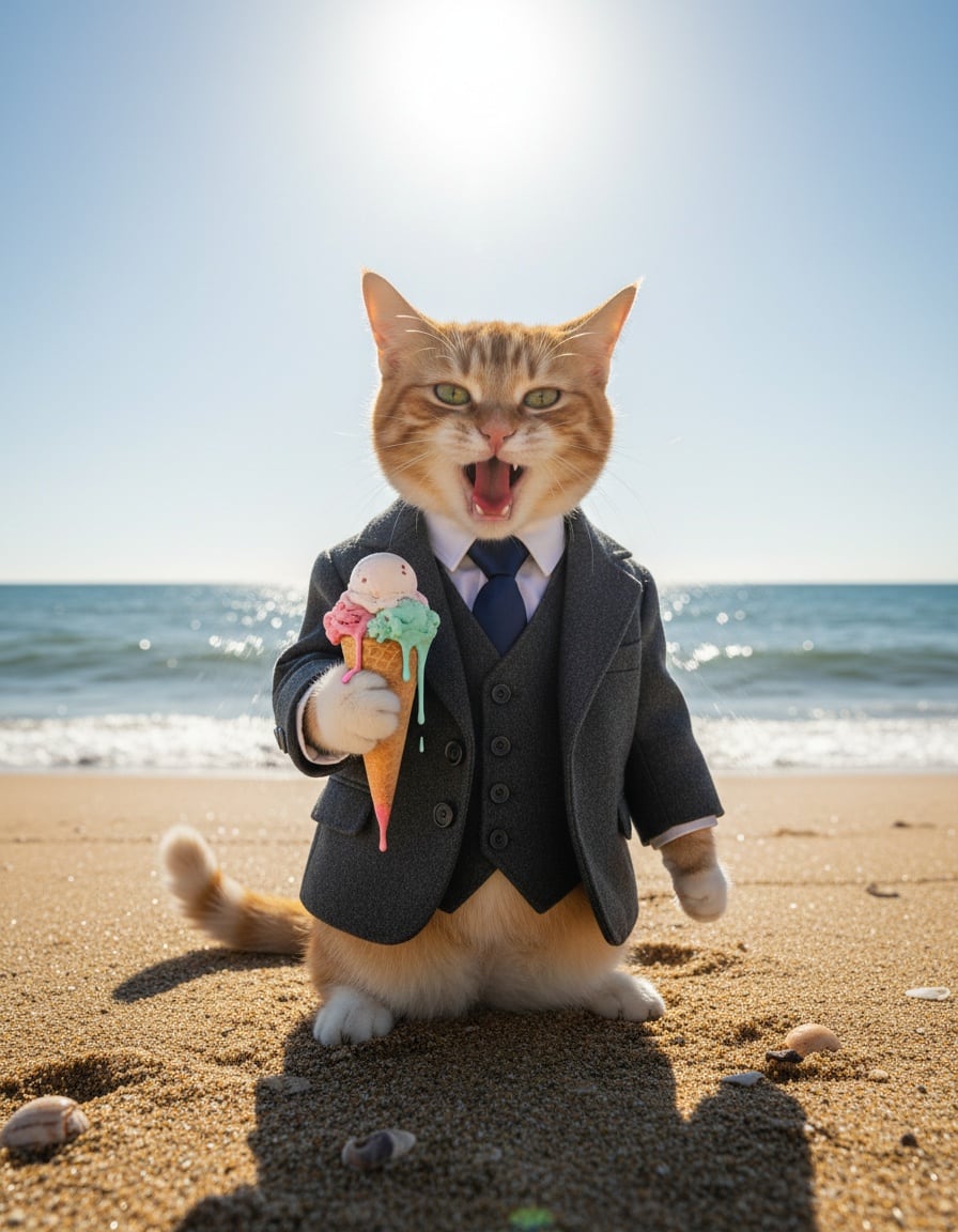 A ginger tabby cat in a heavy wool suit stands sweltering on a sunny beach.
