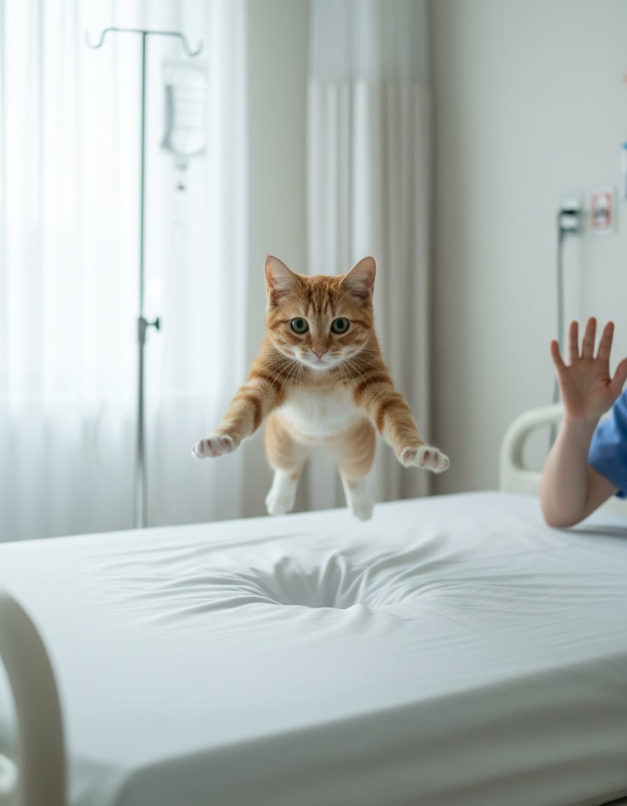 A ginger cat bounces high on a hospital bed while a nurse's hand reaches in from the side.