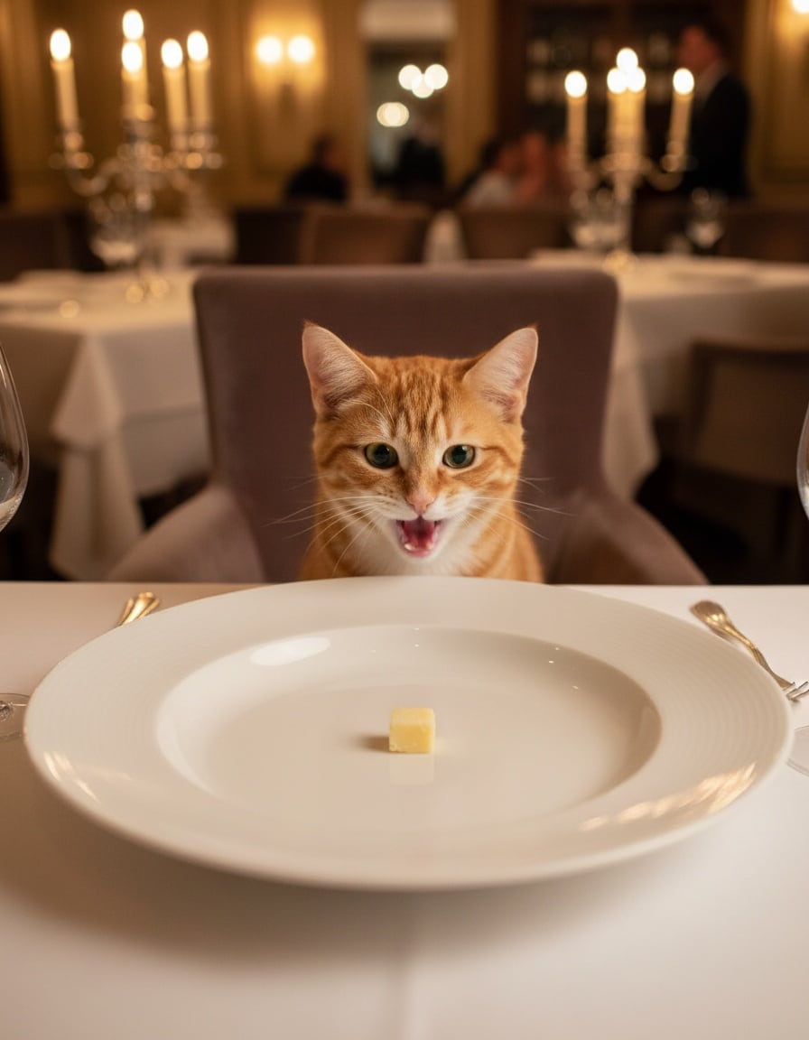 A disappointed ginger tabby cat sighs at a tiny piece of cheese on a huge plate in a restaurant.