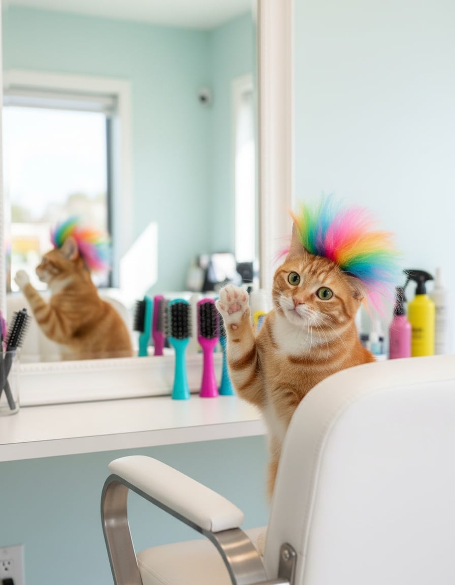 A ginger tabby cat with a rainbow-dyed tuft of fur happily looks at itself in a salon mirror.