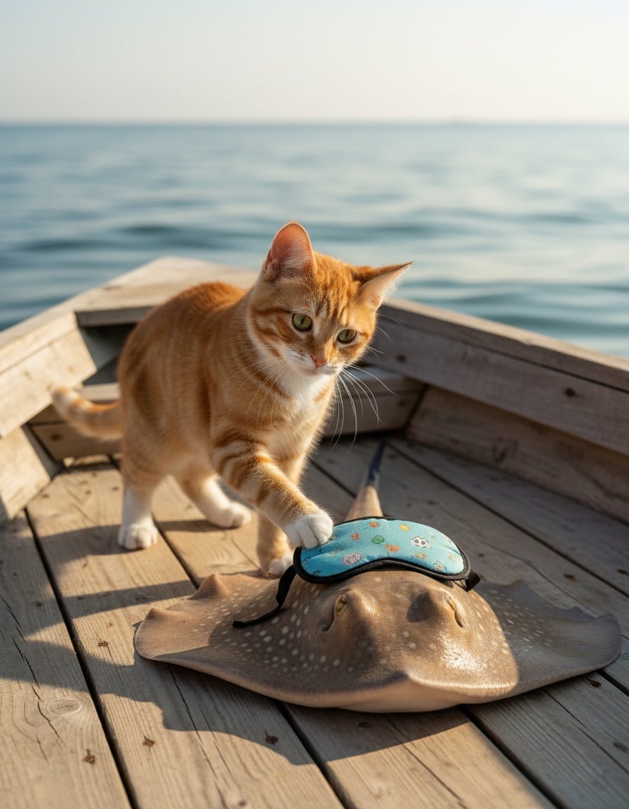 A curious ginger cat lifts a mask off a friendly stingray on a wooden boat.