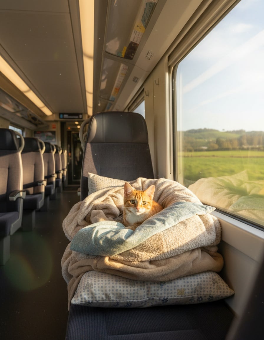 A ginger tabby cat sits in a blanket den on a train seat beside a window with passing countryside.