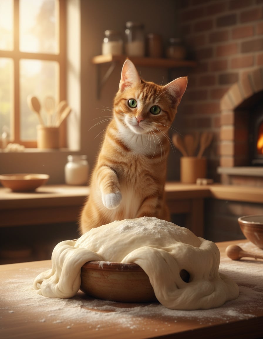 A puzzled ginger tabby cat on a bakery counter watches dough overflow from a large bowl.
