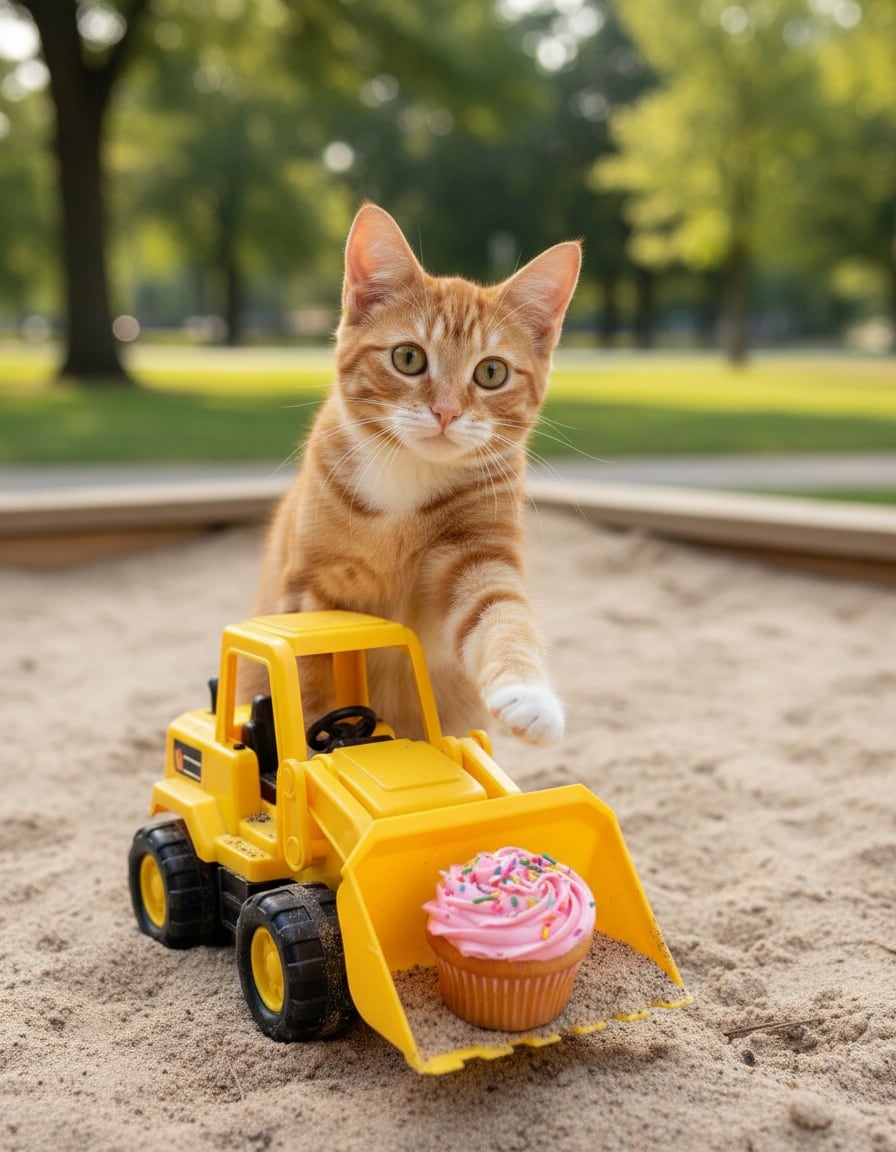 A ginger cat in a small yellow bulldozer offers a cupcake from its scoop in a park sandbox.