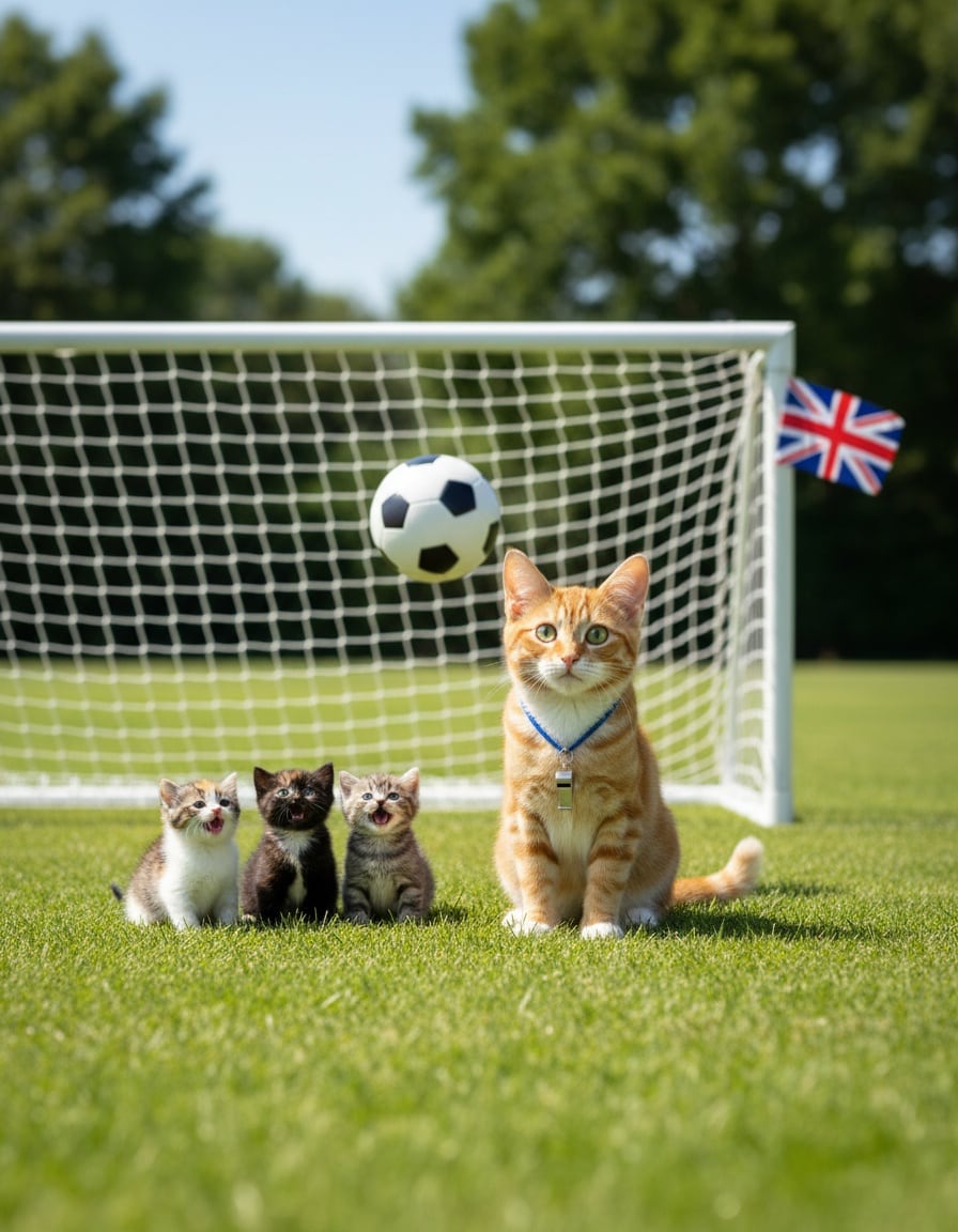 A ginger tabby cat with a whistle watches a ball fly into a goal with a small British flag, as kittens cheer.