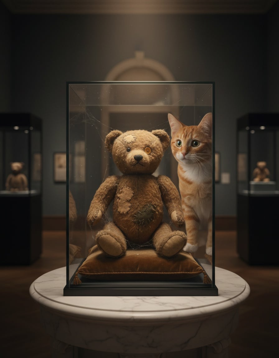 A ginger cat looks at a very old, worn, furry teddy bear inside a museum display case.