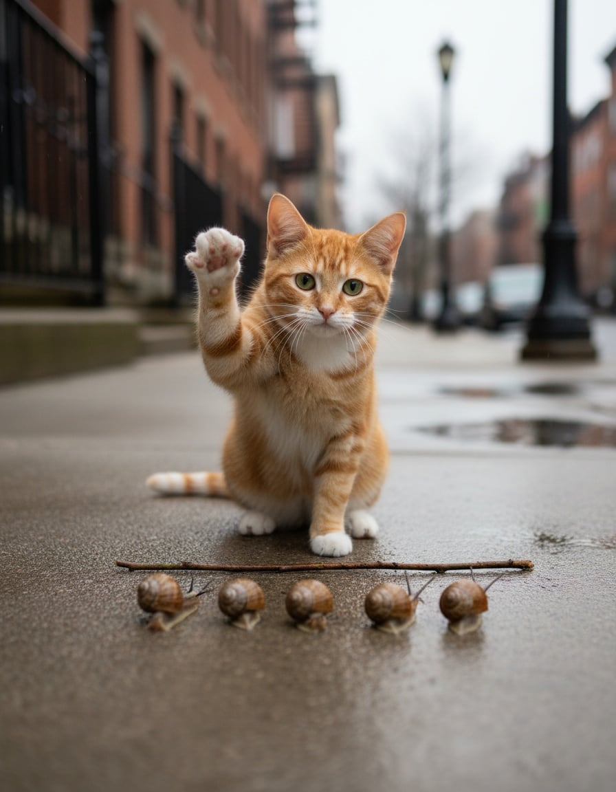 A ginger tabby cat raises a paw to start a race between five snails on a wet sidewalk.