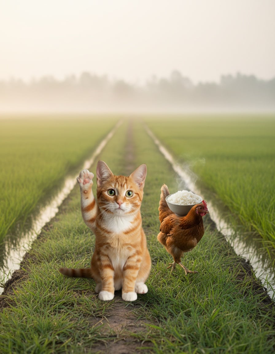 A ginger tabby cat cheers as a hen runs toward her carrying a bowl of rice through a rice field.