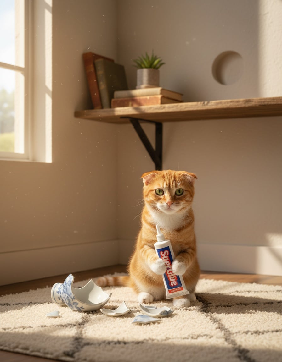 A guilty-looking ginger tabby cat holds a glue tube next to a broken vase on a living room rug.