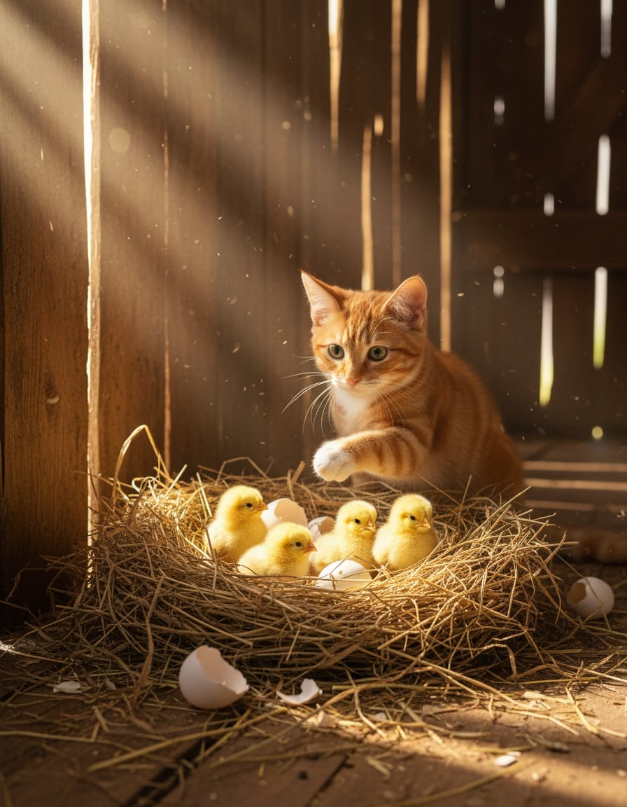 A ginger tabby cat in a barn watches eight yellow chicks hatch in a straw nest.