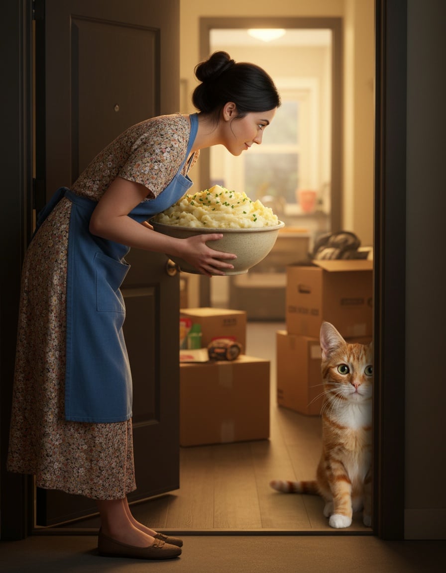 A ginger tabby cat bows and offers a giant bowl of mashed potatoes to a new neighbour cat at a doorway.