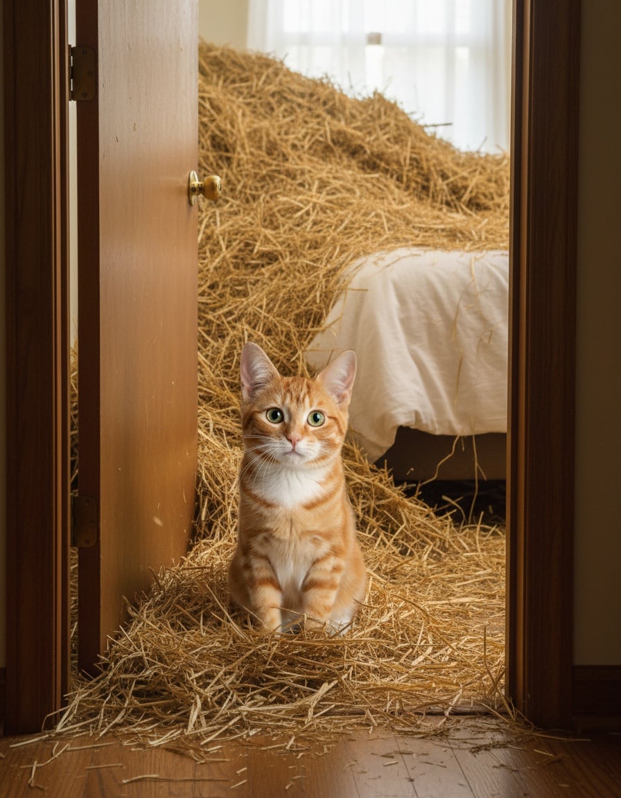 A ginger tabby cat stands at a doorway looking into a room completely filled with hay.