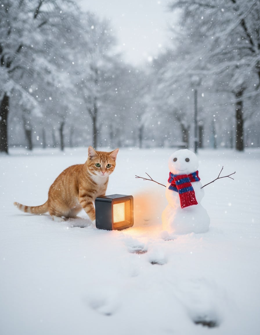 A ginger tabby cat places a glowing heater next to a snow person in a snowy park.